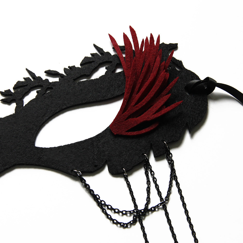 Black mask with red feather and chains on a white background