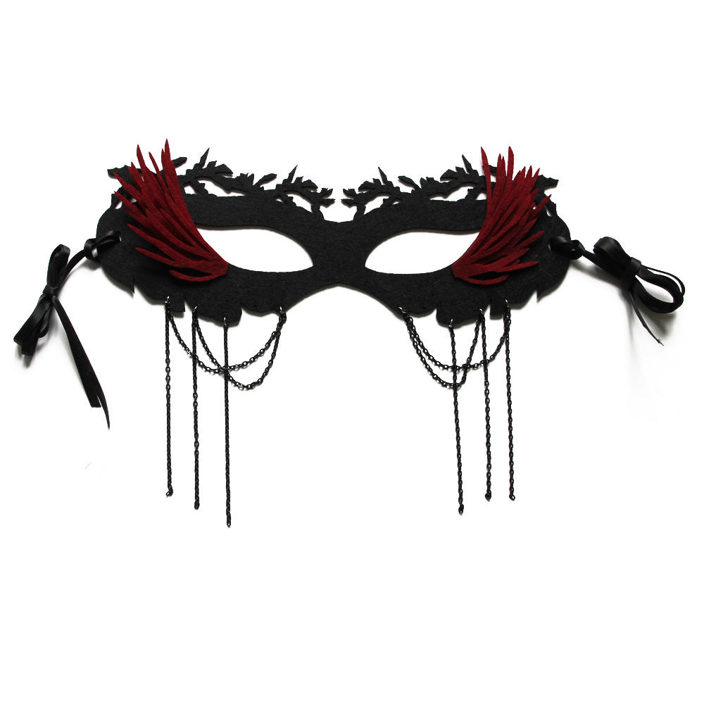 Black mask with red accents and chains on a white background