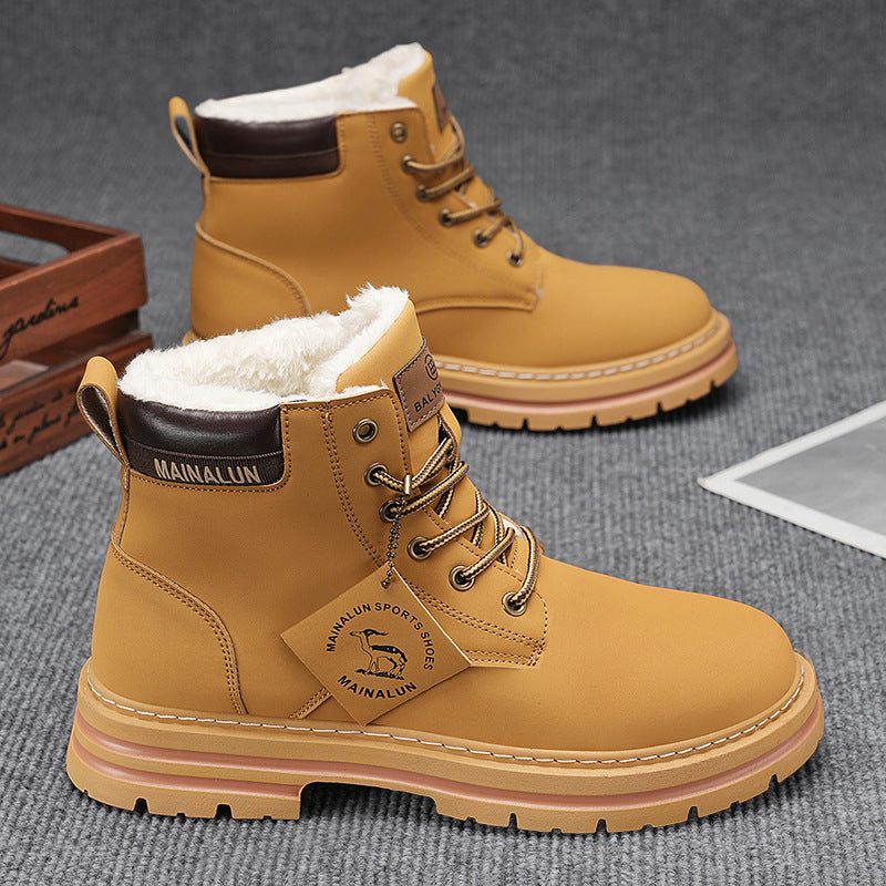 A pair of men's fleece-lined snow boots with water-resistant exterior and high-traction rubber treads