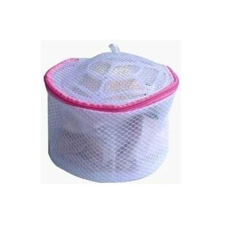White mesh laundry bag with pink zipper on a white background