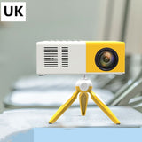 Yellow and white projector on a stand with a blurred background