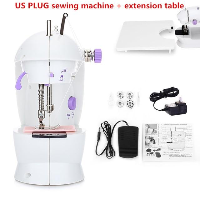 Sewing machine with extension table, accessories, and power cord on a white background