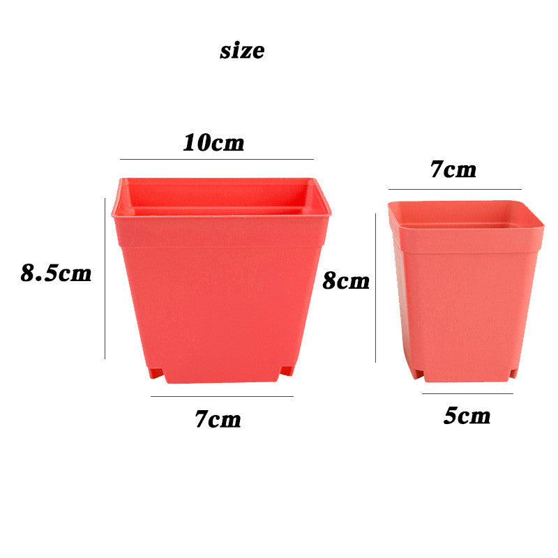 Two red square planters with dimensions labeled on a white background