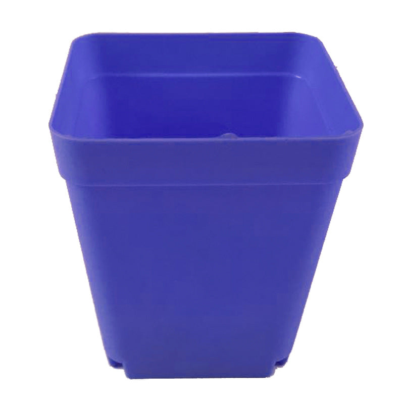 Blue square plastic pot on a white background