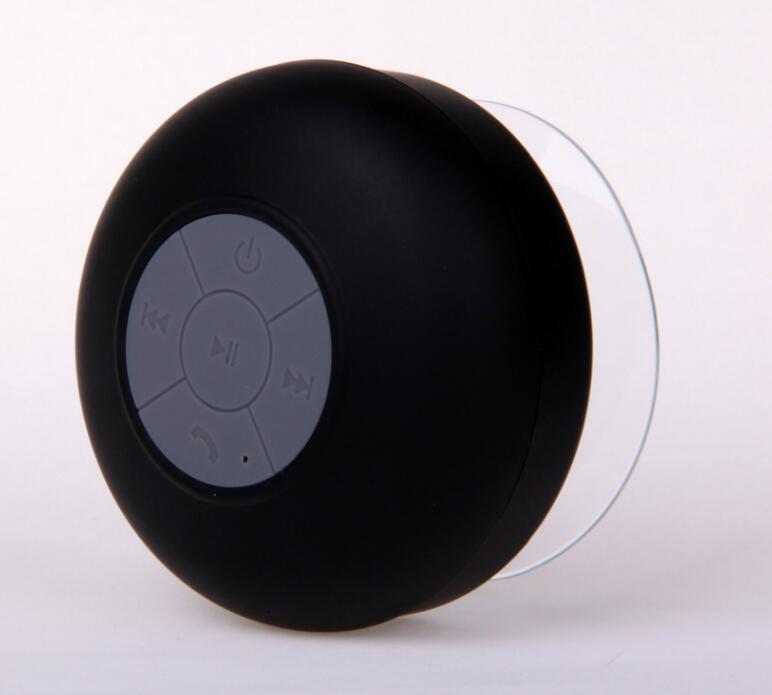 Black shower speaker with control buttons on a white background