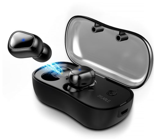 Black wireless earbuds with charging case on a white background