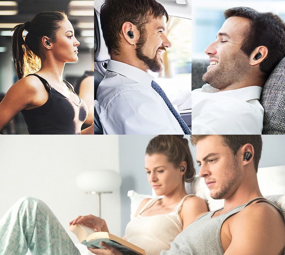 Collage of people wearing wireless earbuds in various settings