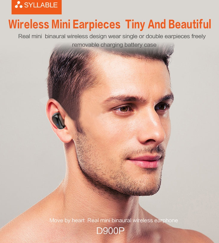 Man wearing wireless mini earpieces with product details on a gray background