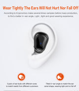 White wireless earbud with text on a white background