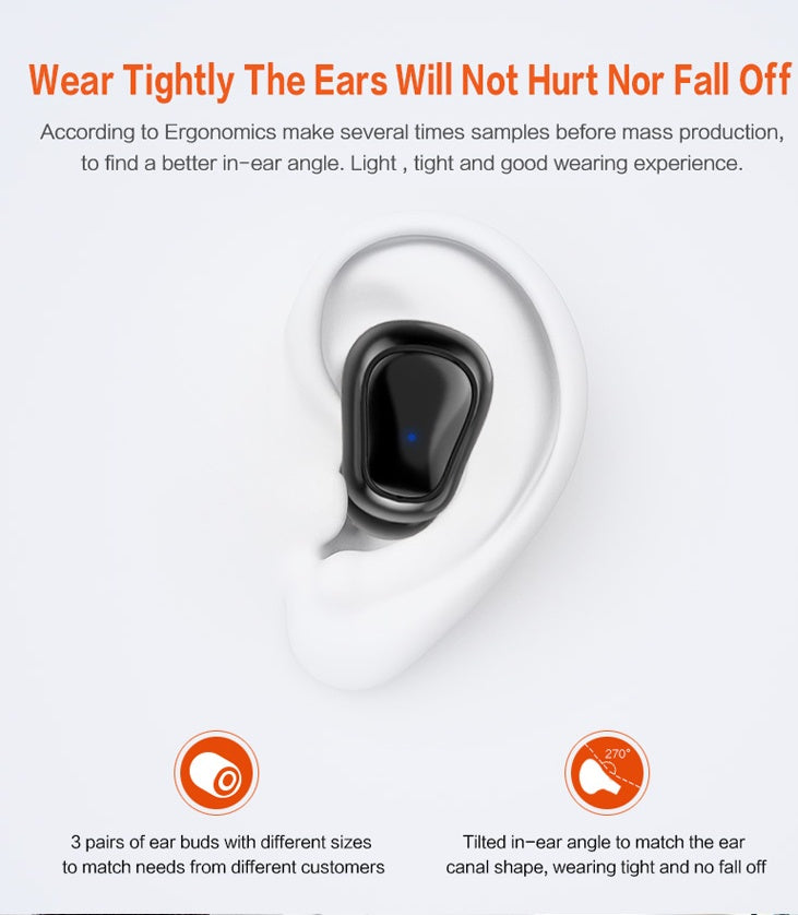 White wireless earbud with text on a white background