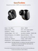 SYLLEBLE D900P wireless Bluetooth earphones with specifications on a white background