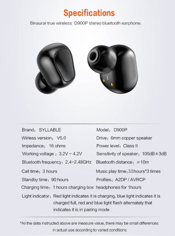SYLLEBLE D900P wireless Bluetooth earphones with specifications on a white background