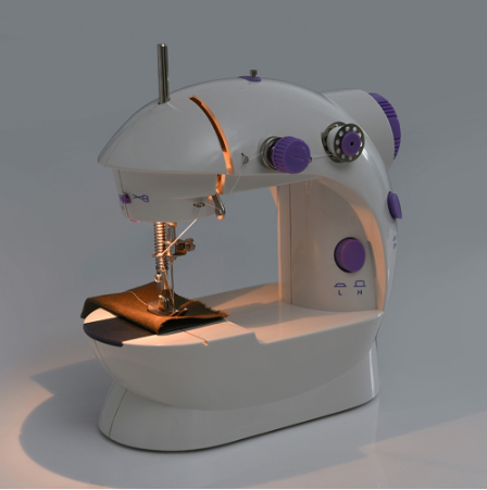 White sewing machine with purple controls on a gray background