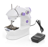 White sewing machine with purple accents on a white background