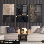 Modern living room with three abstract wall art pieces above a sofa.