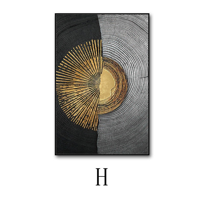 Abstract art print with gold and black design on a white background