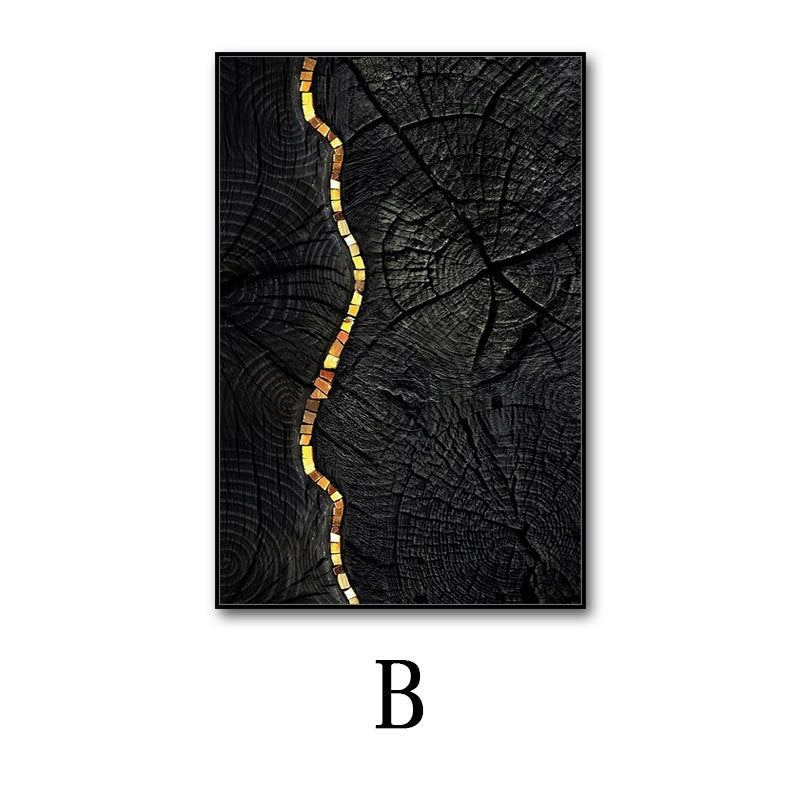 Artistic depiction of a tree stump with a colorful line running through it on a white background.