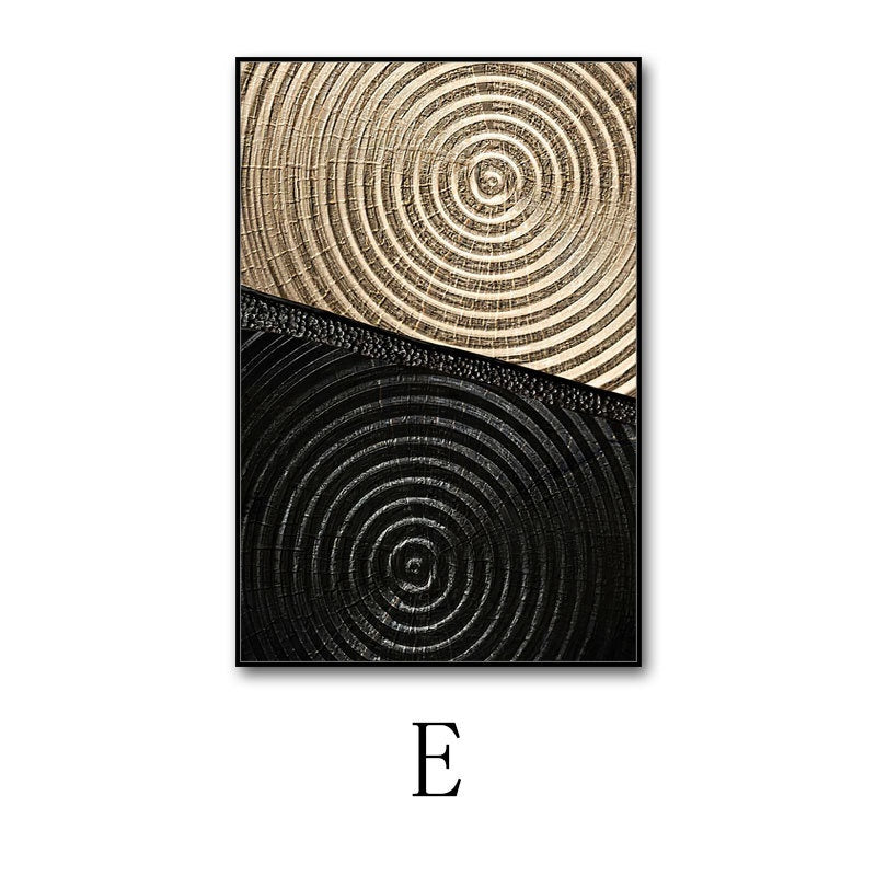 Abstract art print with concentric circle design in gold and black on a white background.