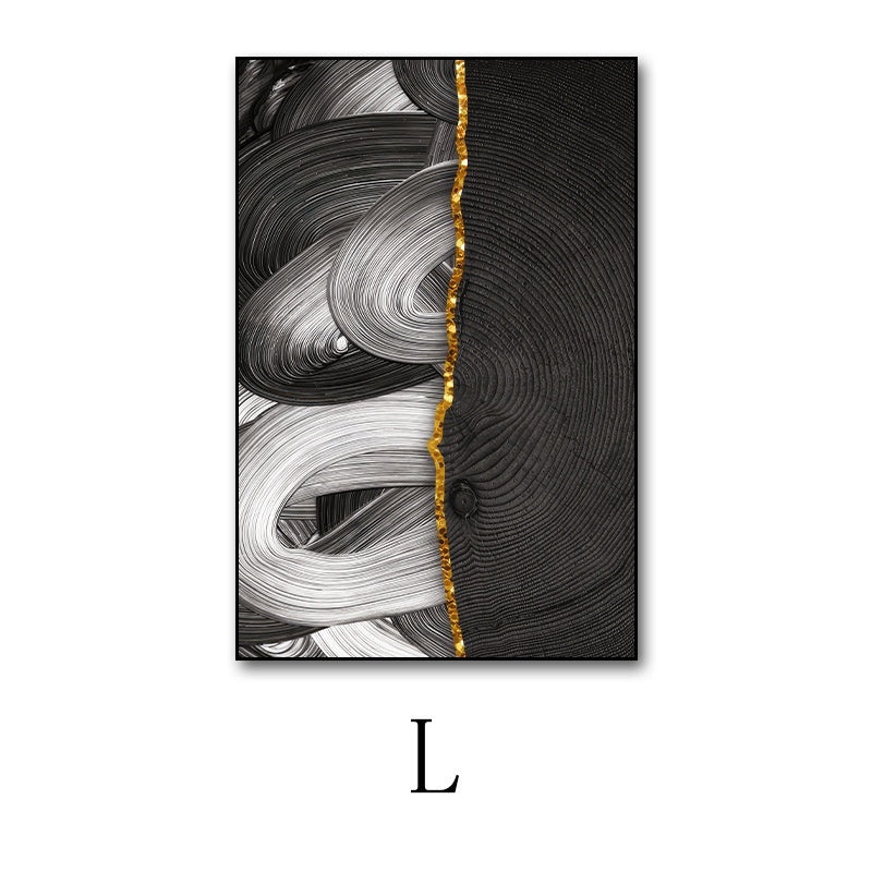 Abstract art print with black, white, and gold design on a white background