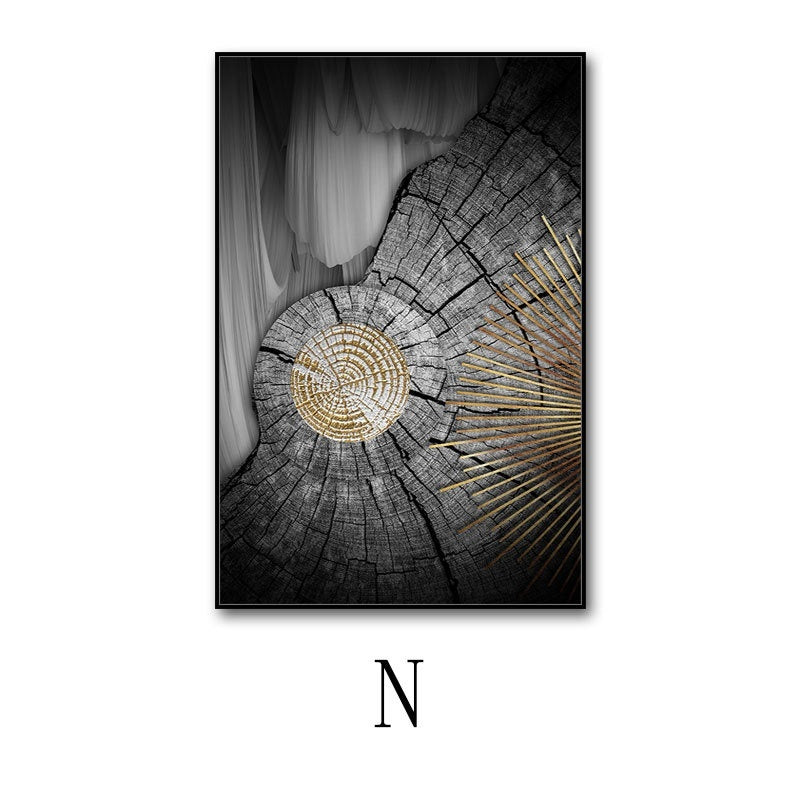 Artistic depiction of a tree stump with concentric circles and gold accents on a dark background.