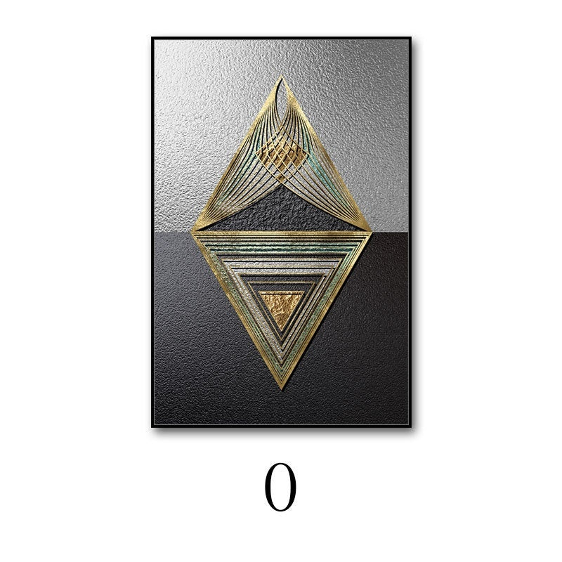 Geometric art piece with gold and black design on a textured background