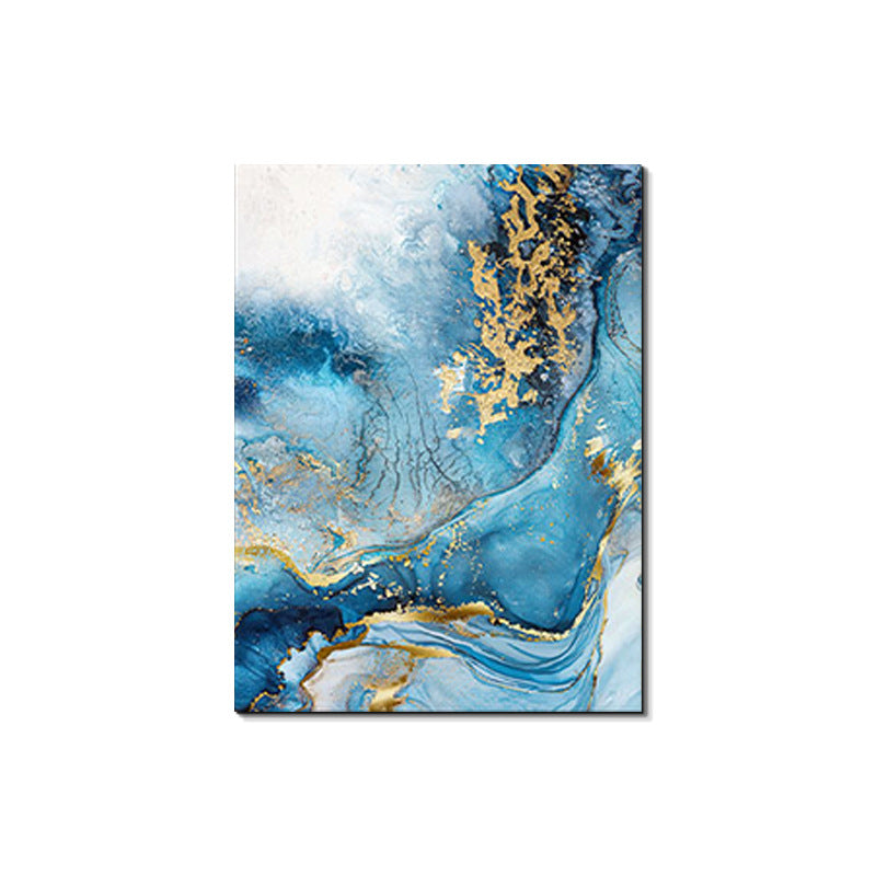 Abstract art piece with blue and gold colors on a white background