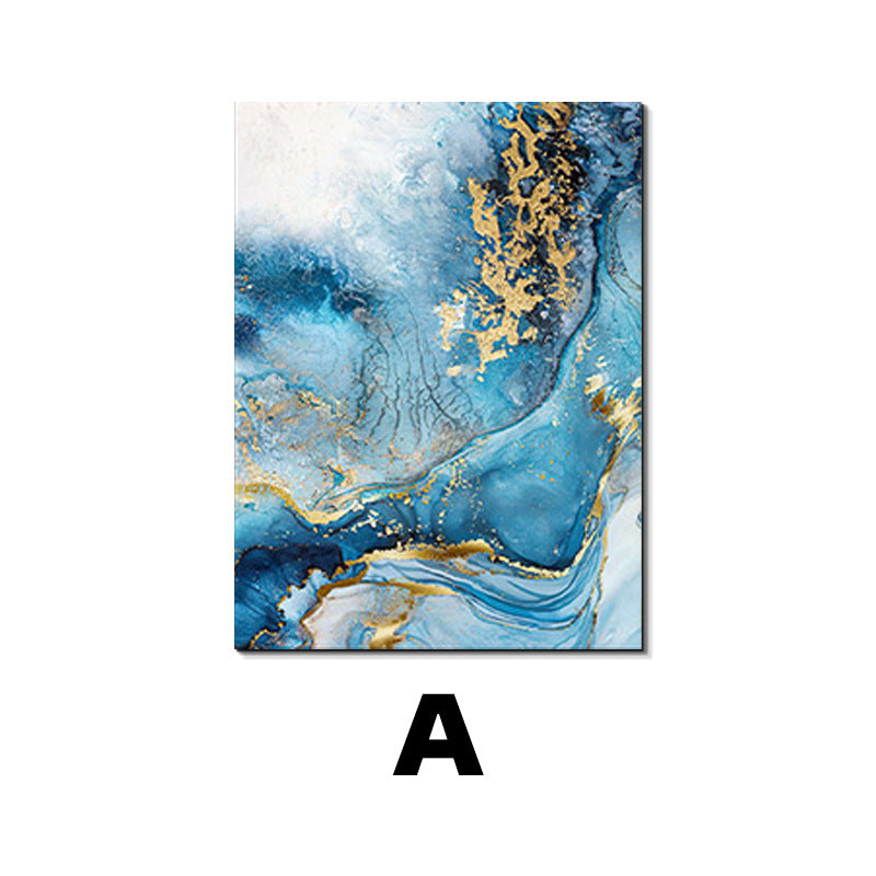 Abstract art piece with blue and gold colors on a white background