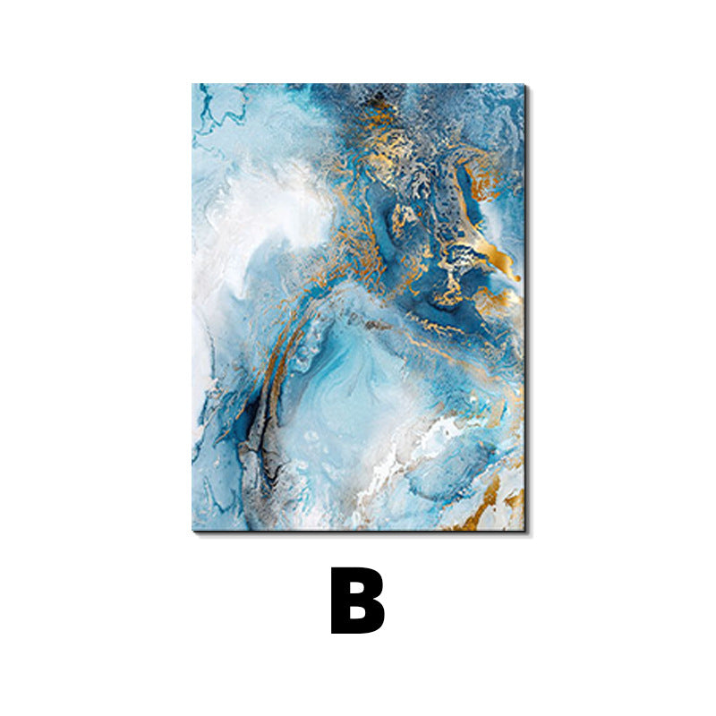 Abstract art piece with blue and gold tones on a white background