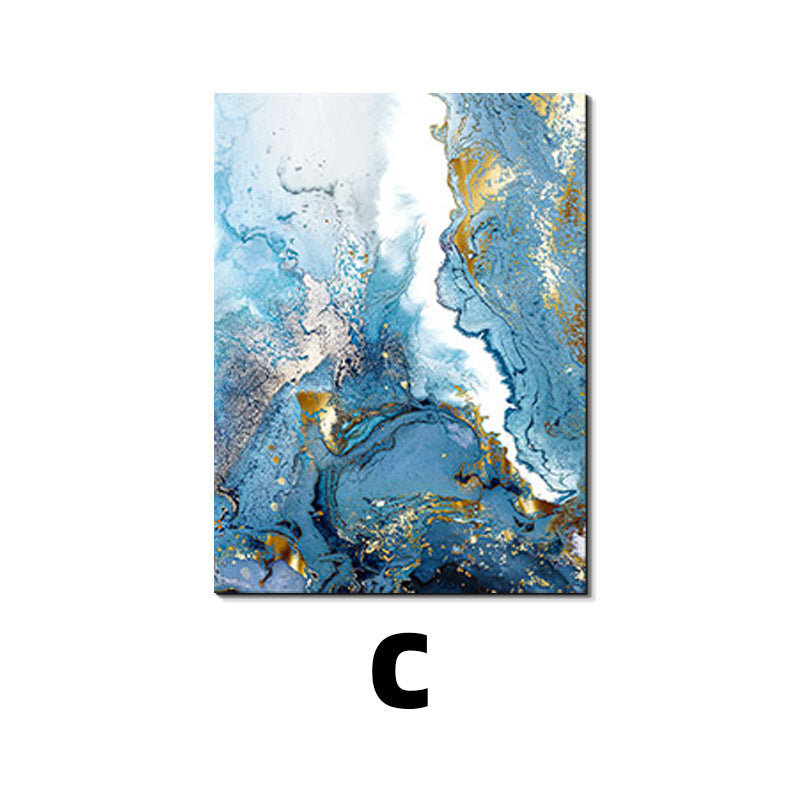 Abstract art print with blue, gold, and white colors on a white background