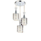 Modern ceiling light fixture with three crystal-like lampshades on a white background