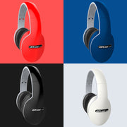 Four pairs of headphones in red, blue, black, and white on a grid with 'dft20' branding.