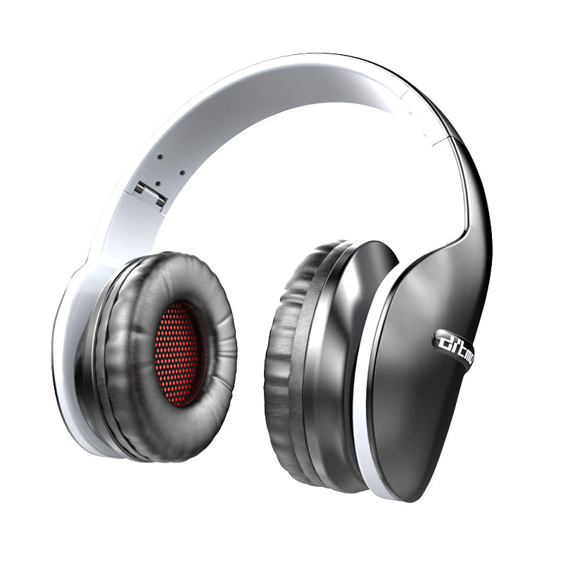 Silver headphones with a visible brand logo on a white background