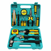 Open tool kit with various tools including pliers, screwdrivers, and a hammer on a white background.