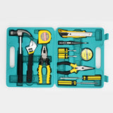 Open tool kit with various tools including pliers, screwdrivers, and a hammer on a white background.
