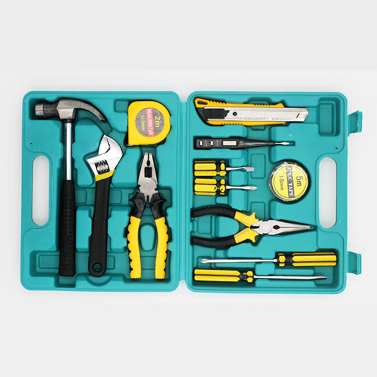 Open tool kit with various tools including pliers, screwdrivers, and a hammer on a white background.