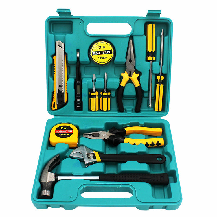 Open tool kit with various tools including pliers, screwdrivers, and a hammer on a white background.