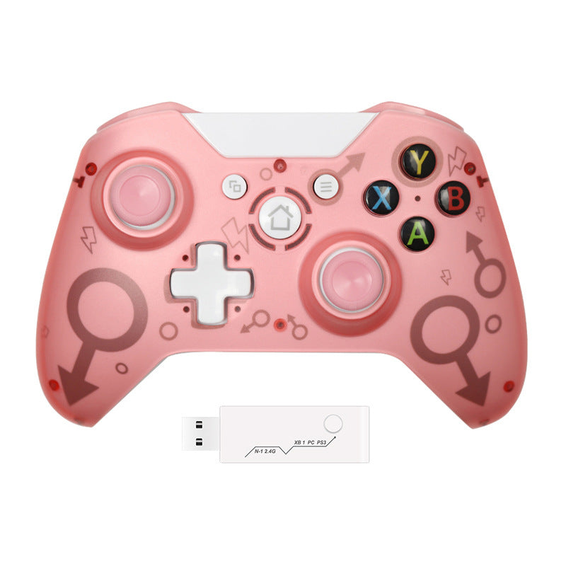 Pink gaming controller with symbols and a USB adapter on a white background