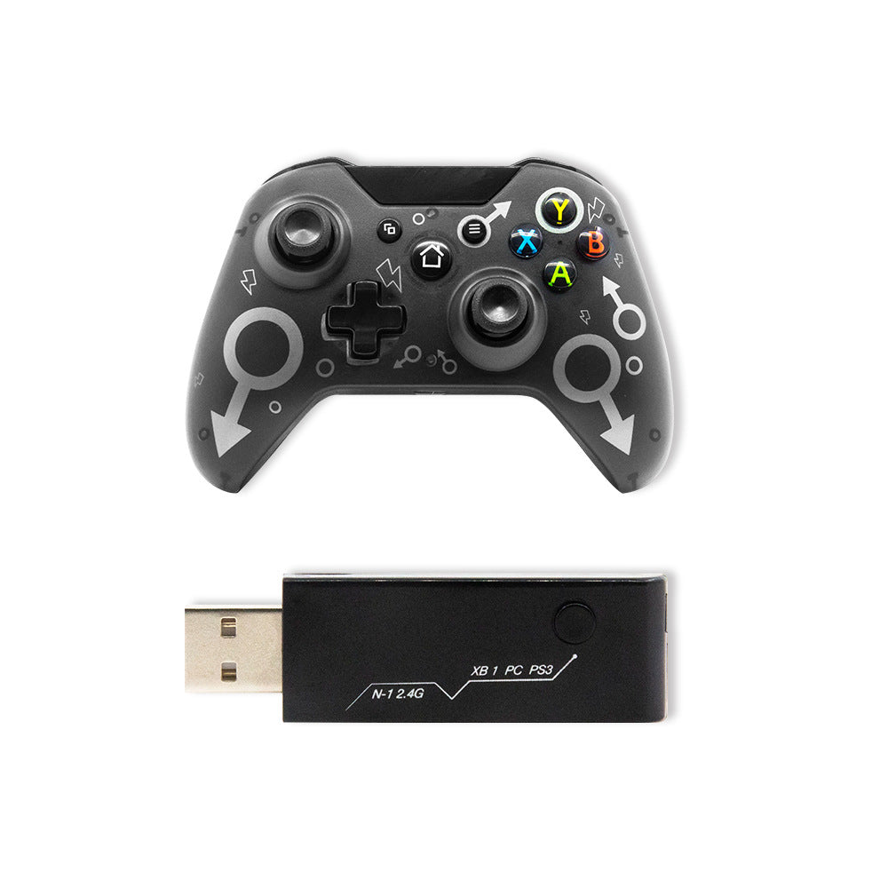 Black gaming controller and USB adapter on a white background