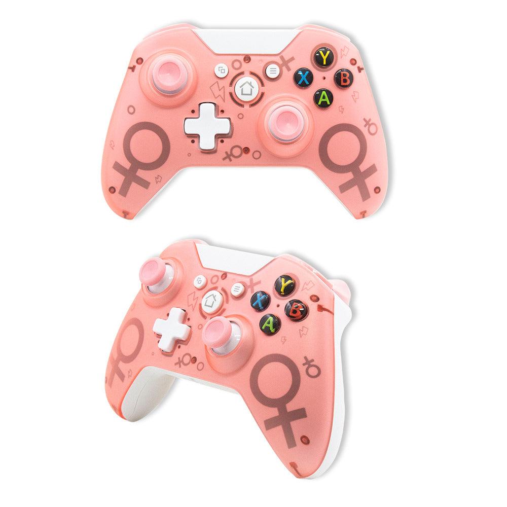 Pair of pink gaming controllers with symbols on a white background