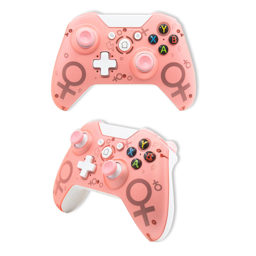 Pair of pink gaming controllers with symbols on a white background