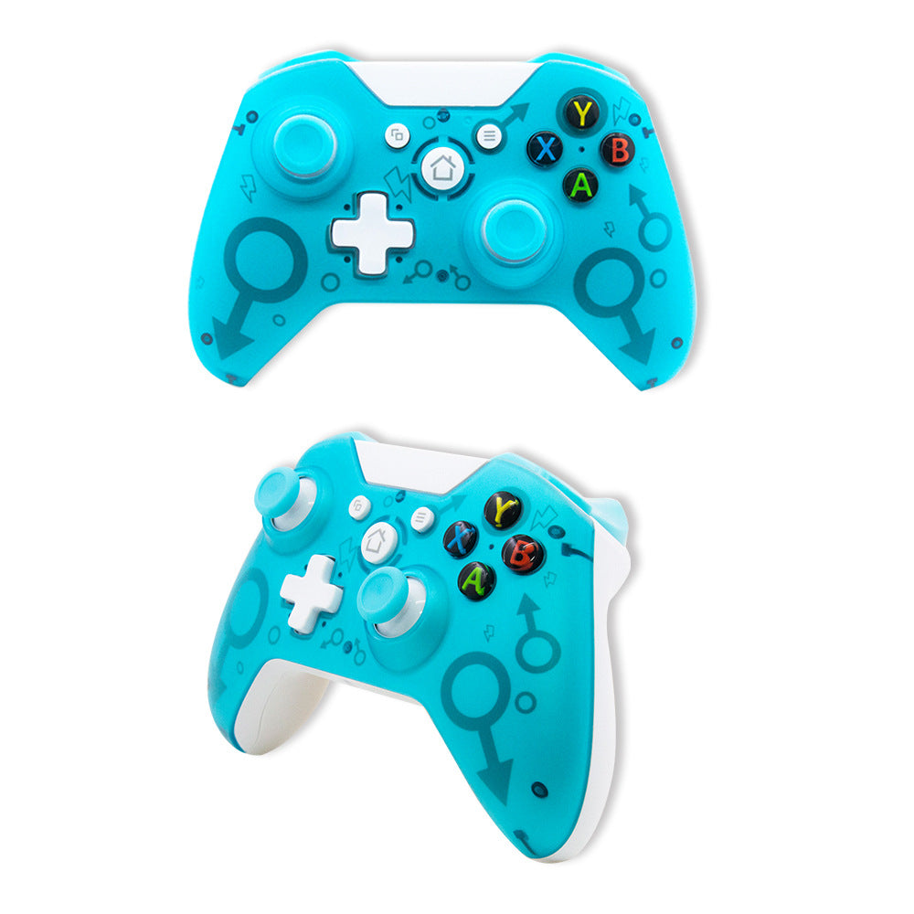 Two turquoise gaming controllers with white accents on a white background
