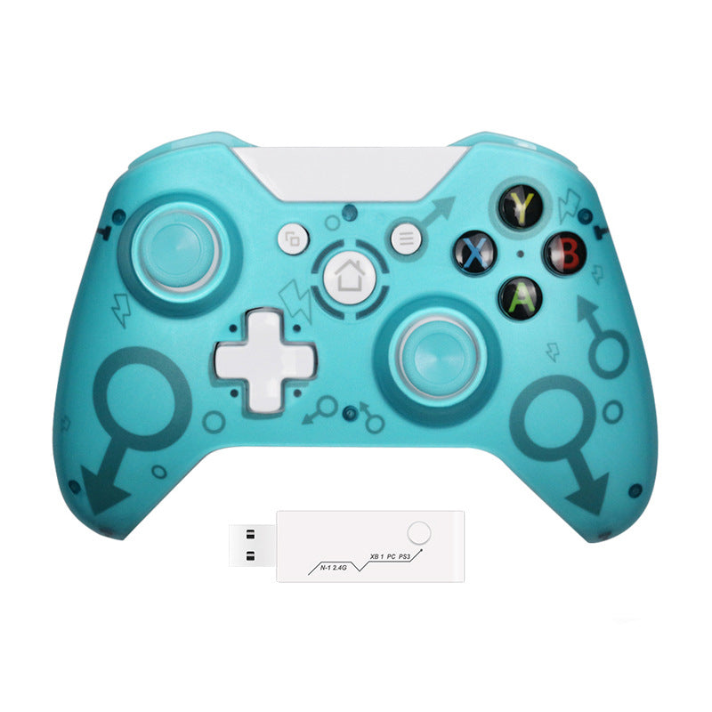 Turquoise gaming controller with USB adapter on a white background