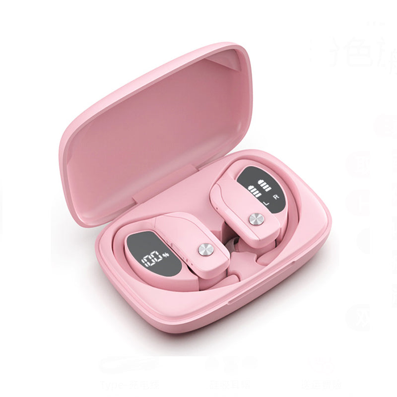 Pink wireless earbuds with charging case on a white background