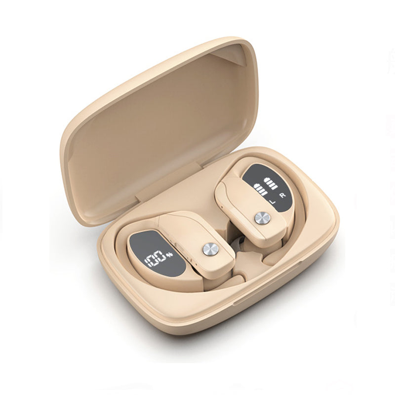 Beige wireless earbuds with charging case on a white background
