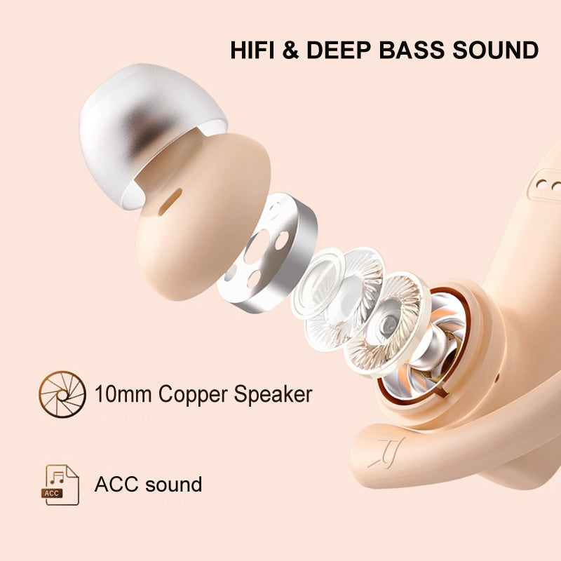 Close-up of earbuds with technical details on a beige background