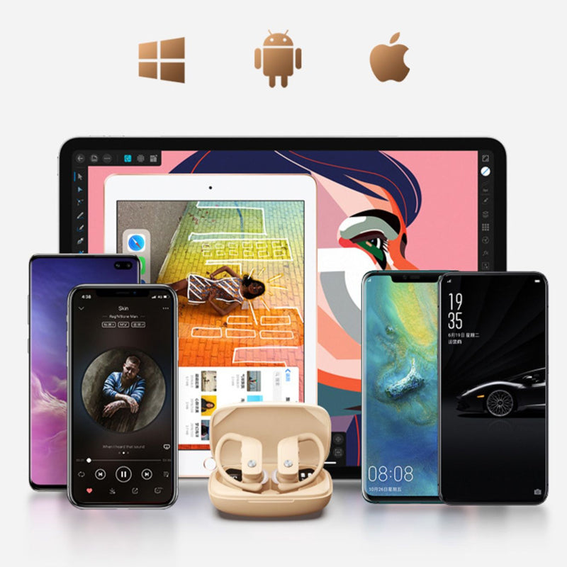Collection of smartphones, a tablet, and earbuds with app icons on a white background