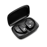 Black wireless earbuds with charging case on a white background