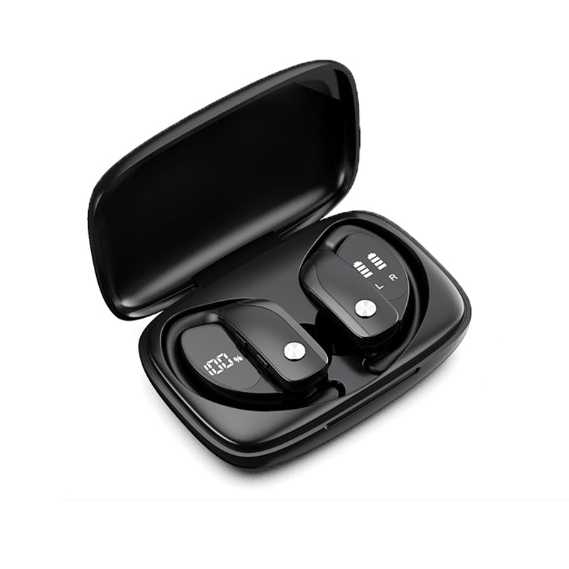 Black wireless earbuds with charging case on a white background