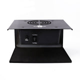 Black industrial fan with cold and hot wind indicators on a white background