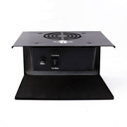 Black industrial fan with cold and hot wind indicators on a white background